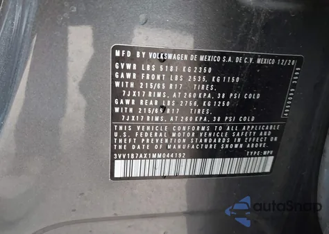 2021 Volkswagen Tiguan 2.0T S from USA, damaged, VIN 3VV1B7AX1MM044192